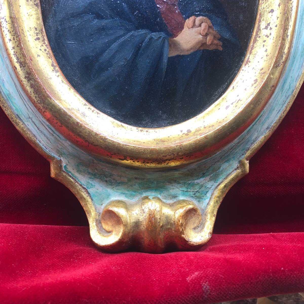 Copper Painting Of The Sorrowful B.v.m. In A Carved, Lacquered And Gilt Oval Frame-photo-4