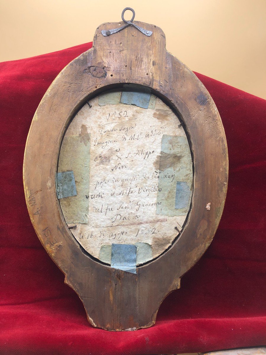 Copper Painting Of The Sorrowful B.v.m. In A Carved, Lacquered And Gilt Oval Frame-photo-1