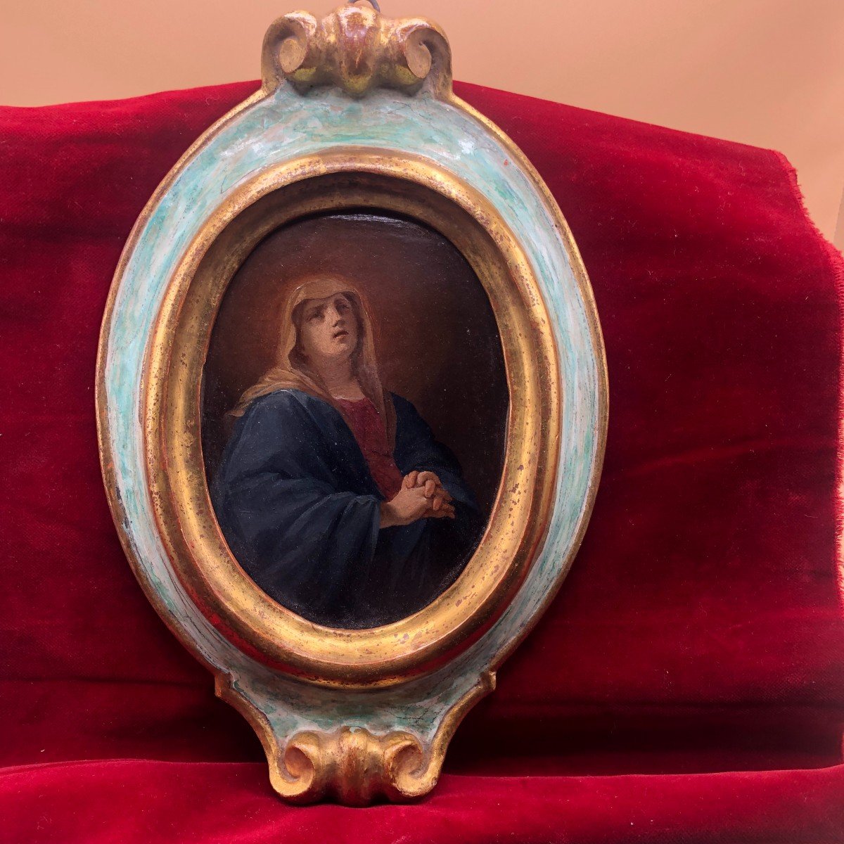 Copper Painting Of The Sorrowful B.v.m. In A Carved, Lacquered And Gilt Oval Frame