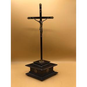 Ebonized Wooden Cross With Silver Cross Heads Partly Golden And His Crucifix Also In Silver 