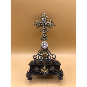 Cross In Silver, Ebonized Wood, Golden Bronze And Sure Stones, Masterly Executed Artifact 