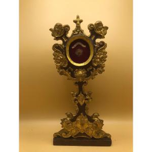 Carved And Golden Wooden Reliquary From The End Of The 18th Century With The  Saint Agnese Mart