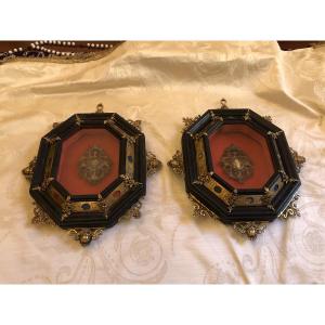 Pair Of Octagonal Box Frames, Ebony And Enriched With Bronze And Hard Stones Insert