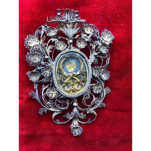 Silver Filigree Reliquary Of St. Anne Mother Of The Madonna And St. Francis Of Paola  ​​​​​​​