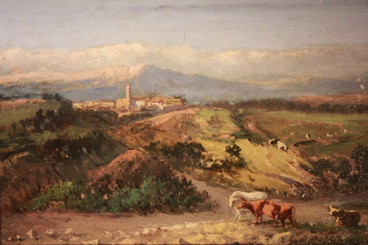 Paysage Alpin Avec Troupeaux, Huile Sur Carton, 19e  (villa Aquarellée Avec Jardin Italien)-photo-1