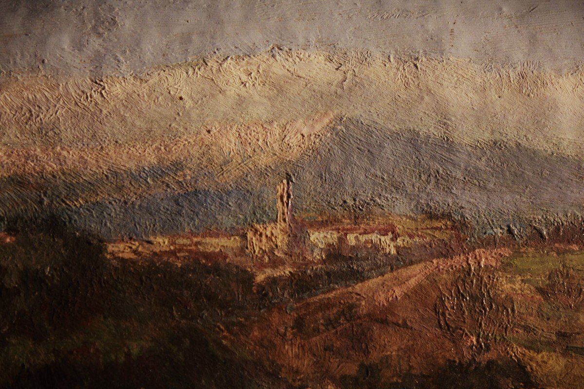 Paysage Alpin Avec Troupeaux, Huile Sur Carton, 19e  (villa Aquarellée Avec Jardin Italien)-photo-3