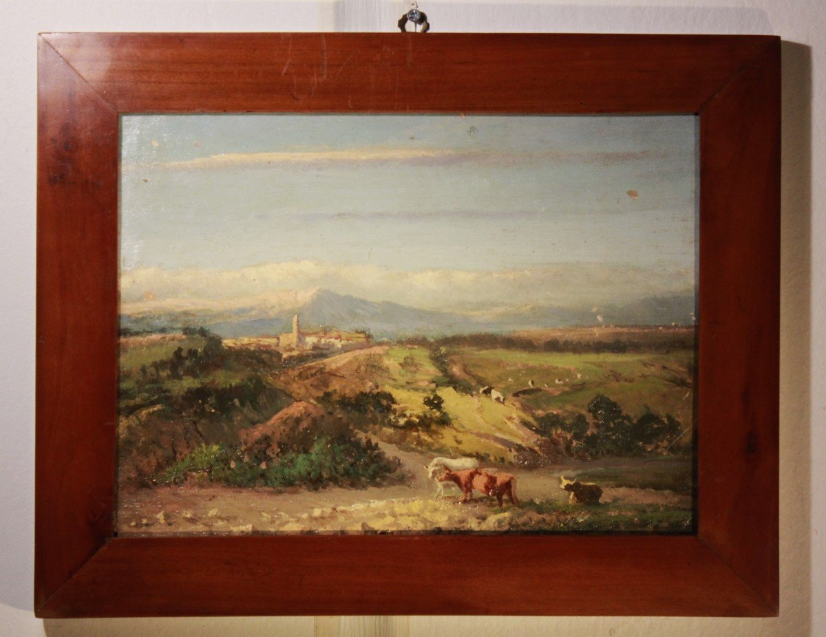 Paysage Alpin Avec Troupeaux, Huile Sur Carton, 19e  (villa Aquarellée Avec Jardin Italien)