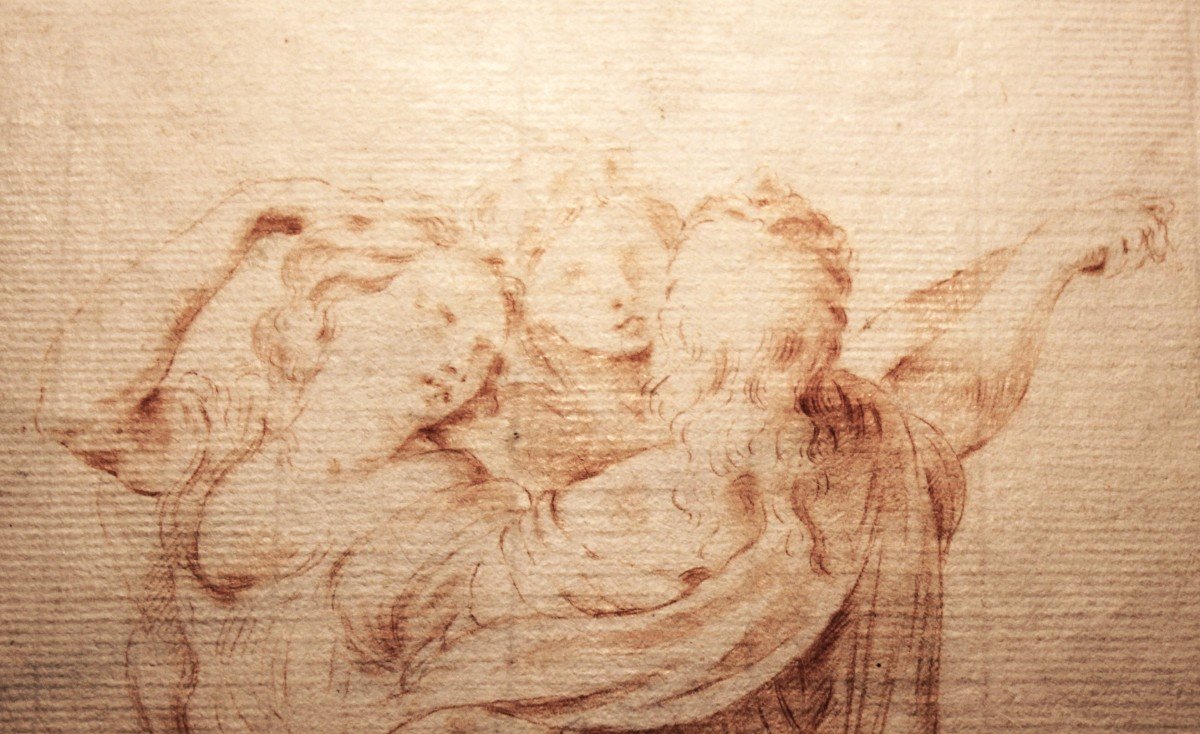 Three Graces | Drawing In Sanguine - Antonio Consetti (modena, 1686 - Modena, 1766) Attributed -photo-3