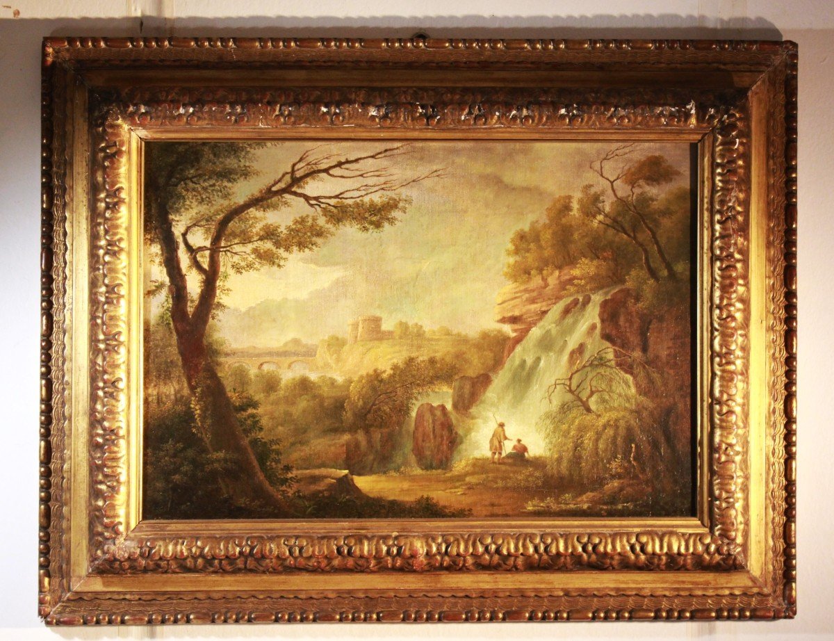 Anonymous 19th Century Landscape With Waterfalls - Oil Painting On Canvas.