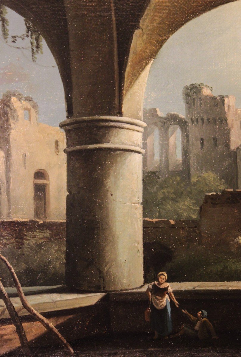 Anonyme Du 19e Siècle | Paysage Avec Arcades Et Ruines - Peinture à l'Huile-photo-3