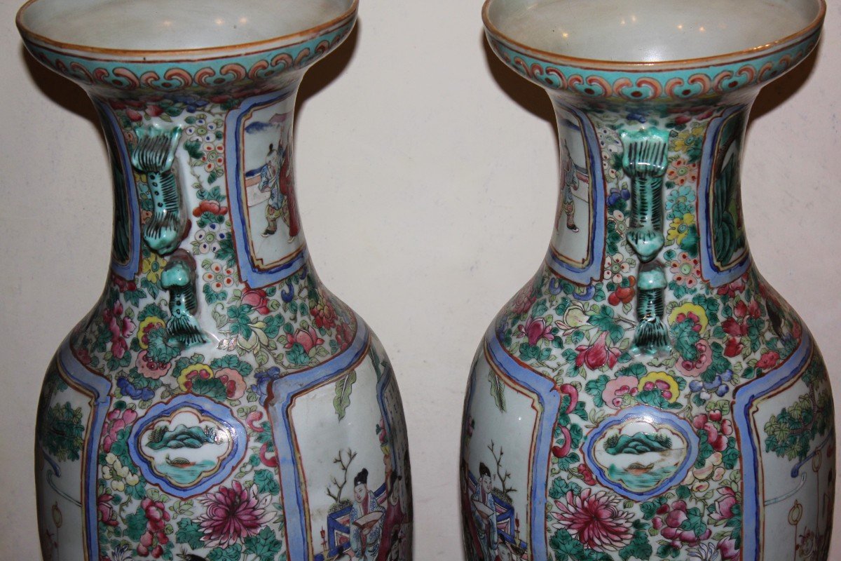 Pair Of Large Polychrome Enamel Porcelain Vases. China Qing Dynasty, 19th Century-photo-4