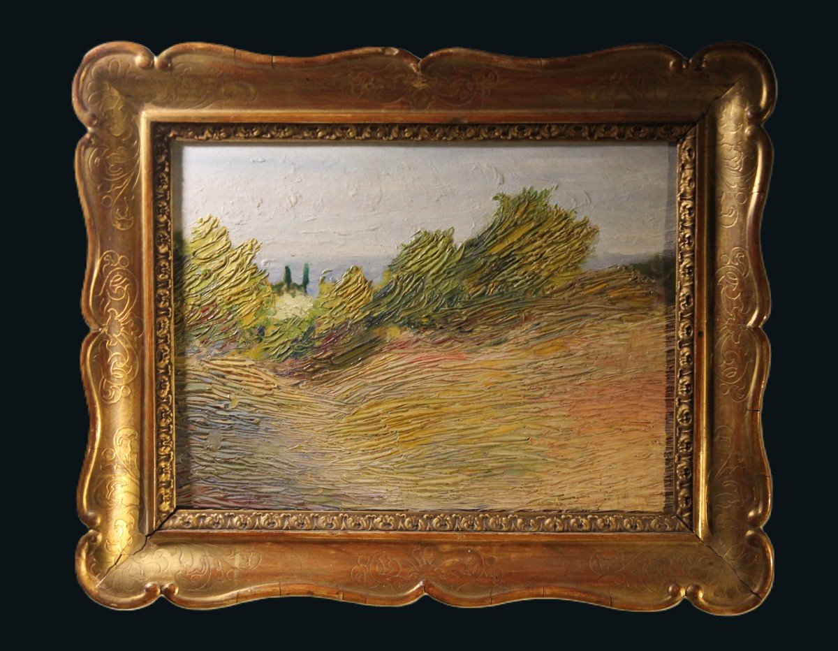 Peinture Divisionniste "paysage Avec Champs", Huile Sur Carton, Début Du 20e Siècle.-photo-2