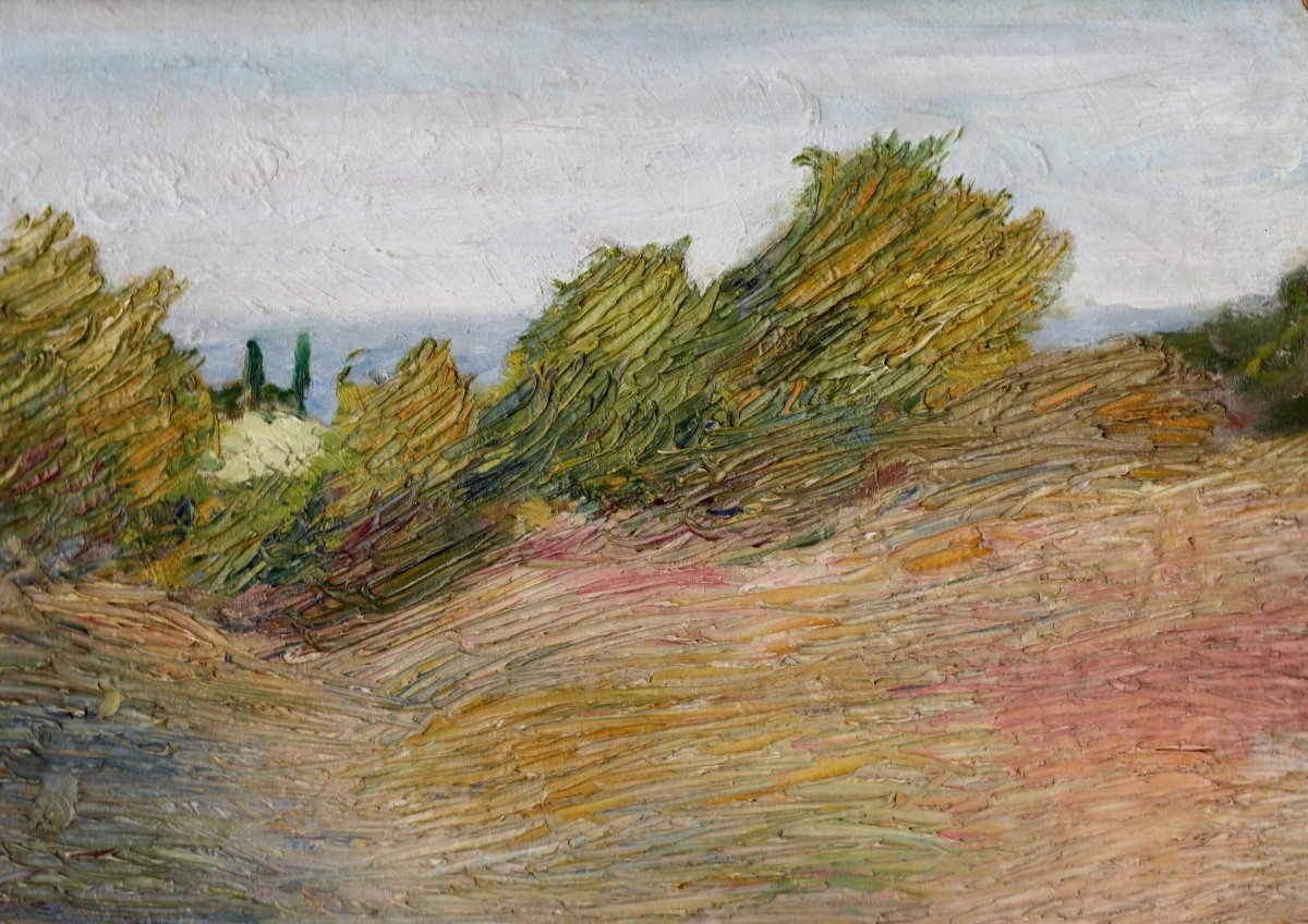 Peinture Divisionniste "paysage Avec Champs", Huile Sur Carton, Début Du 20e Siècle.-photo-3