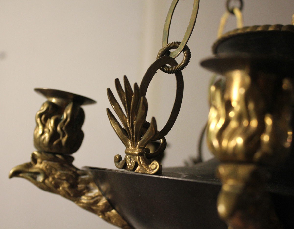 Empire Hanging Lamp, Patinated And Gilded Bronze.-photo-4