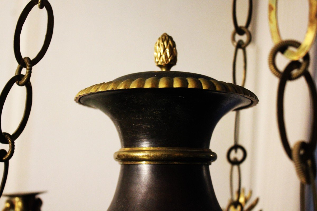 Empire Hanging Lamp, Patinated And Gilded Bronze.-photo-2