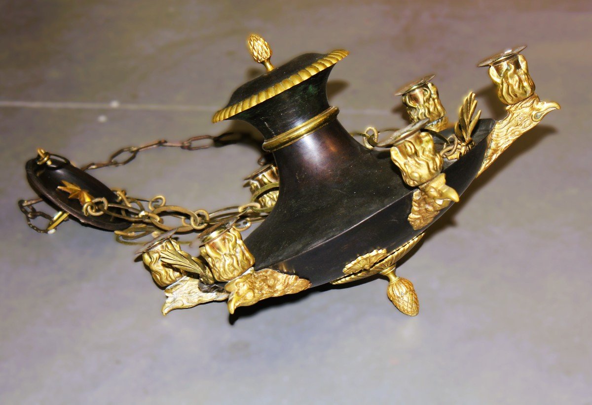 Empire Hanging Lamp, Patinated And Gilded Bronze.-photo-3