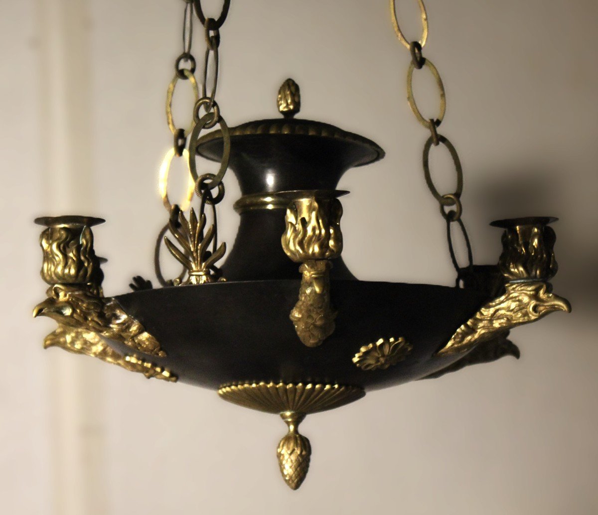 Empire Hanging Lamp, Patinated And Gilded Bronze.-photo-6