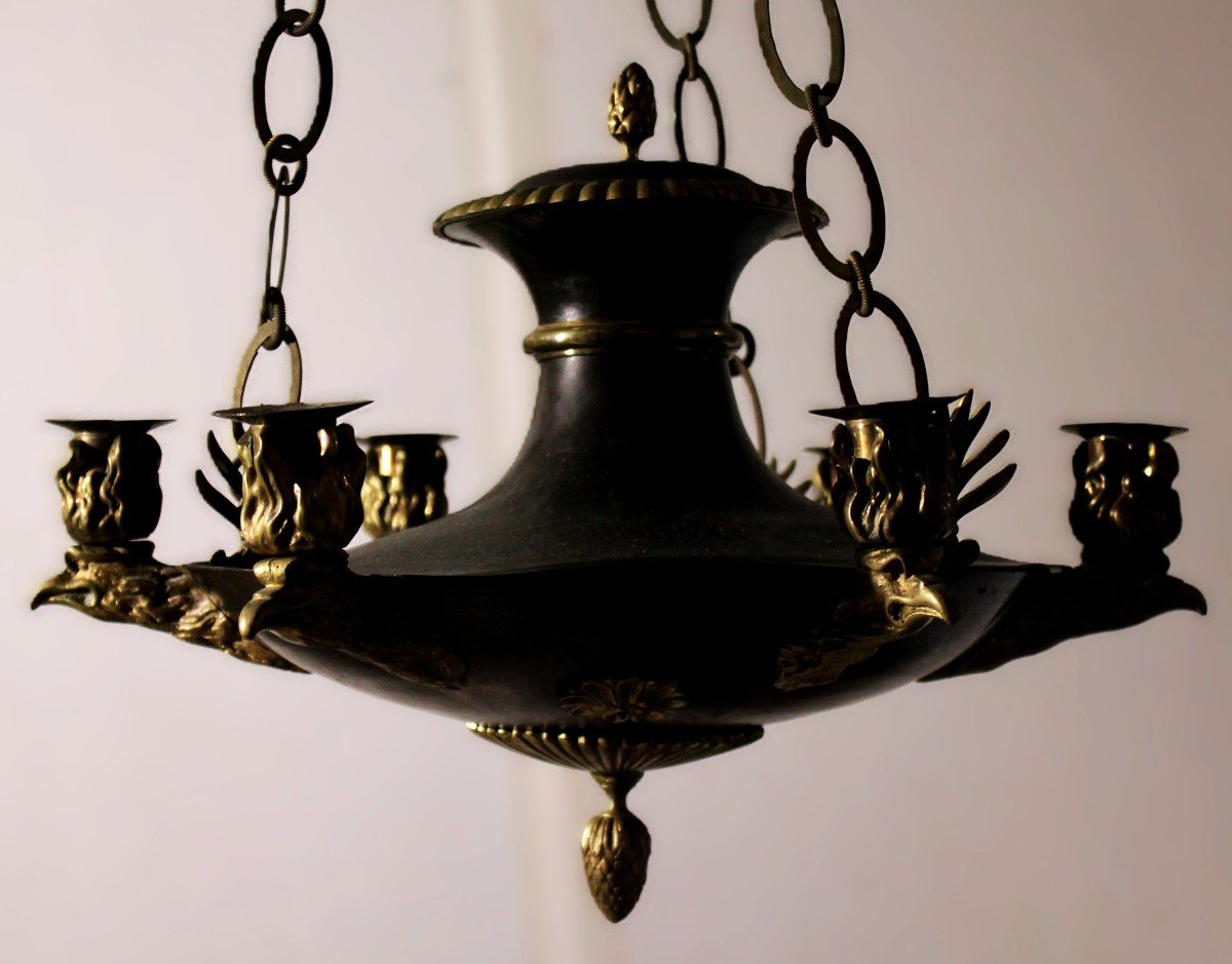 Empire Hanging Lamp, Patinated And Gilded Bronze.