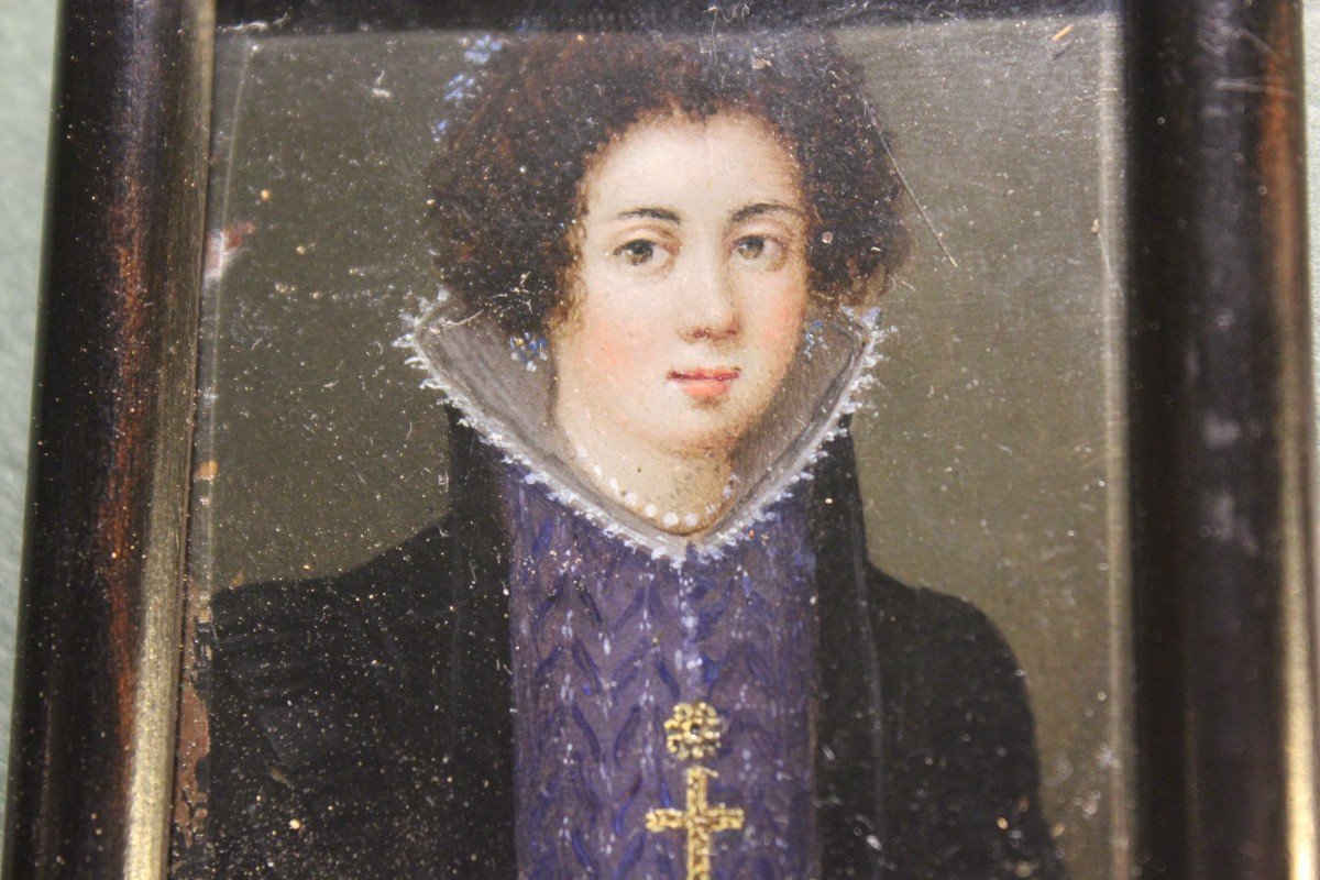 Portrait Of A Young Woman Of The 17th Century, Oil Painting On Copper Foil-photo-3