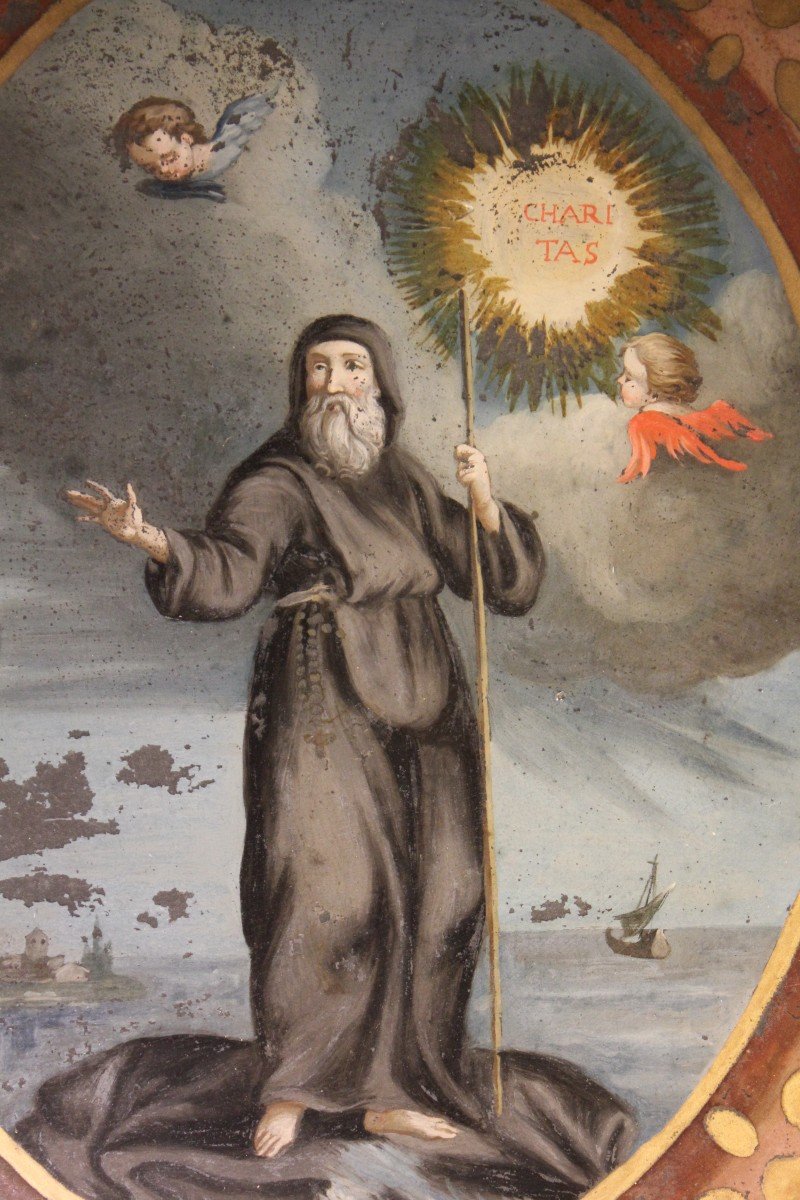 Saint François De Paule traverse le détroit de Messine  | Peinture Sur Verre Du XVIIIe Siècle-photo-4