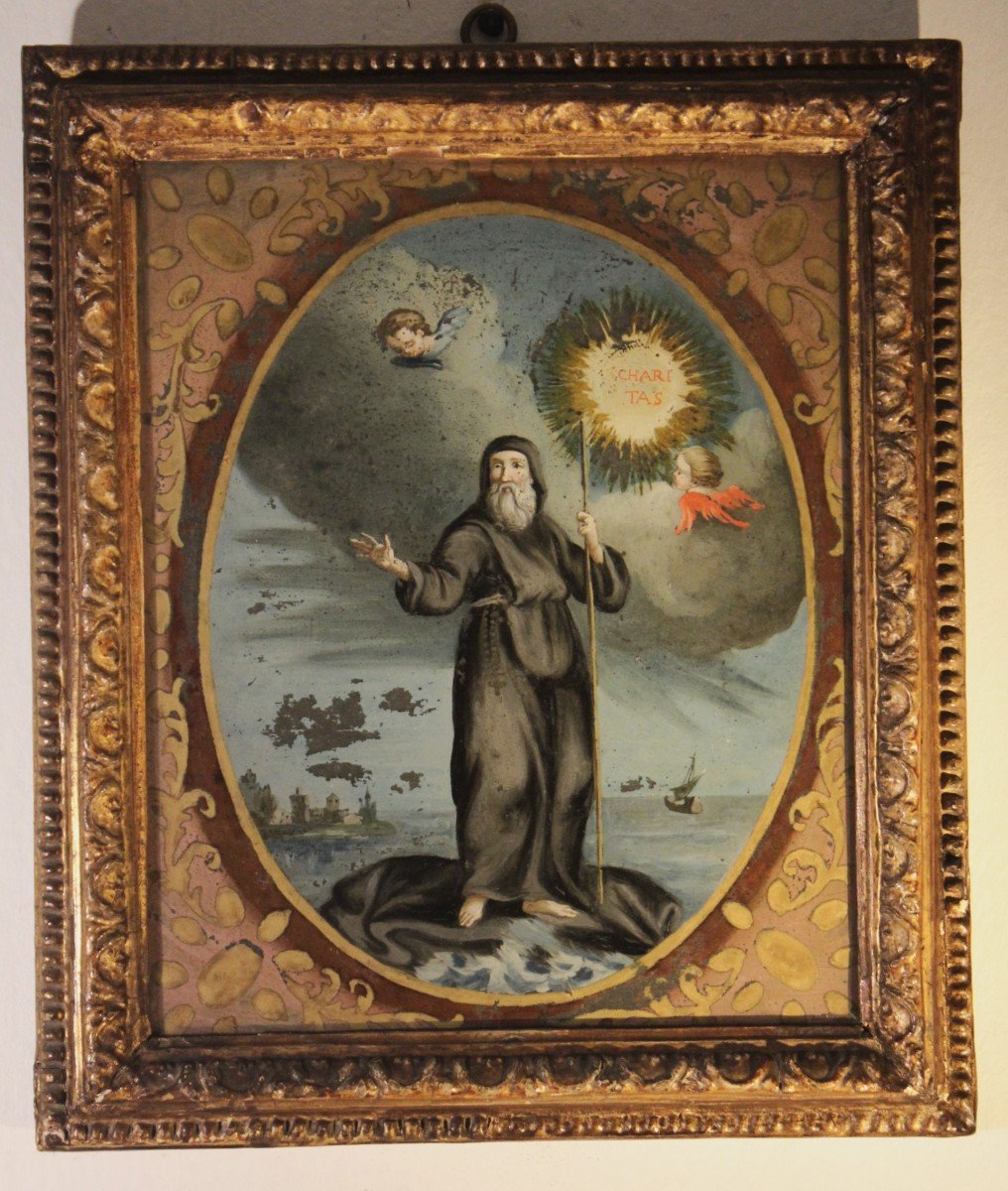  S. Francis Of Paola Crosses The Strait Of Messina On His Cloak Painting On Glass 18th Century 