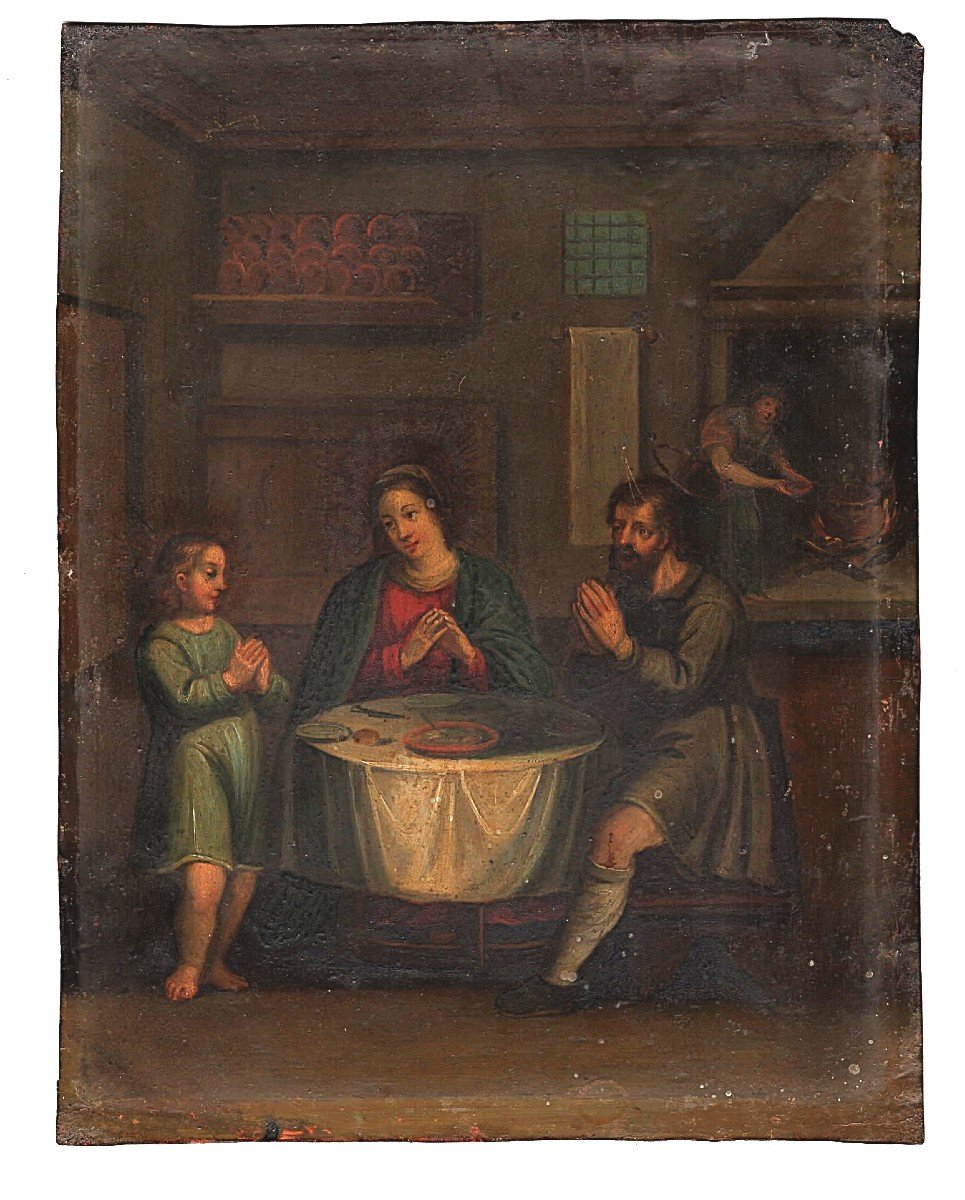 Sainte Famille à Table - Huile Sur Cuivre, XIXe Siècle.-photo-4