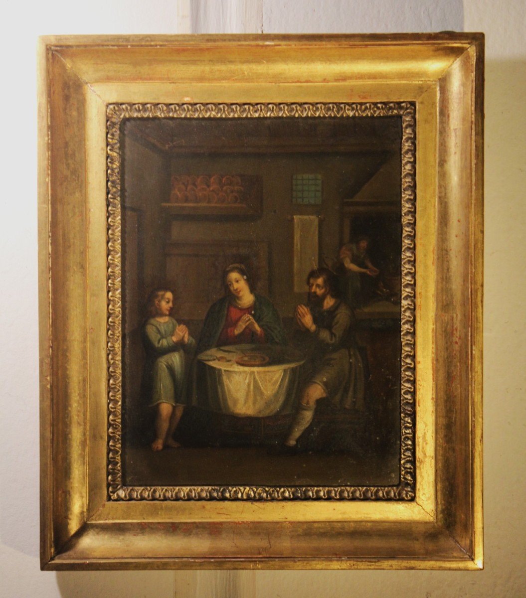 Sainte Famille à Table - Huile Sur Cuivre, XIXe Siècle.