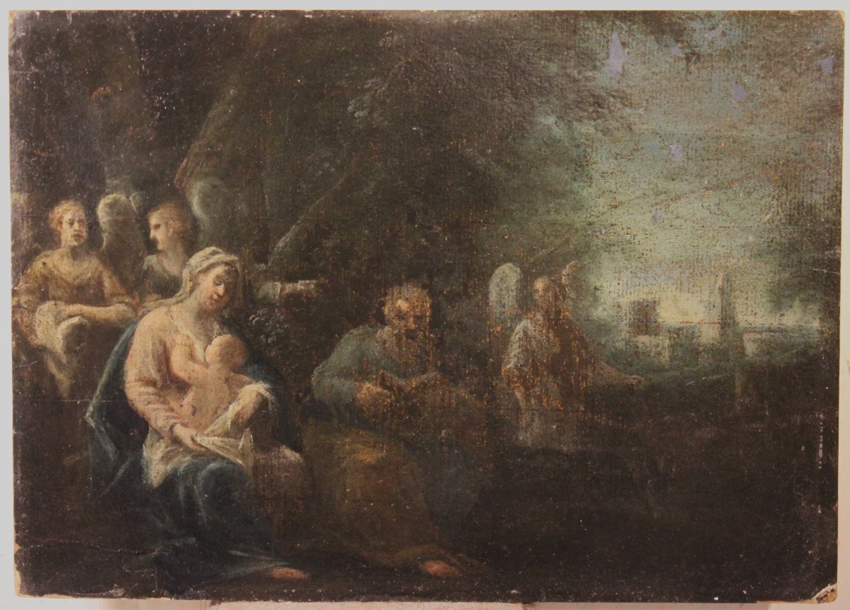 Rest Of The Holy Family. | Oil Painting On Cardboard, Late 18th Early 19th Century