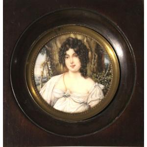 Portrait Of A Young Girl With Curls - Oil Painting From The 19th Century Miniature