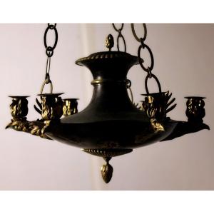 Empire Hanging Lamp, Patinated And Gilded Bronze.