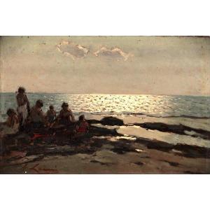 Giovanni Lomi (leghorn, 1889 - 1969) Sunset On The Rocks, Oil Painting.