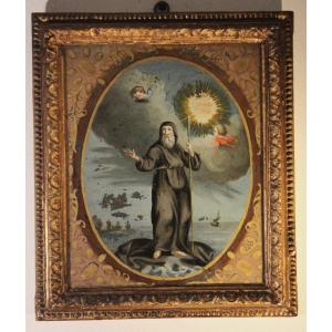 Saint François De Paule traverse le détroit de Messine  | Peinture Sur Verre Du XVIIIe Siècle