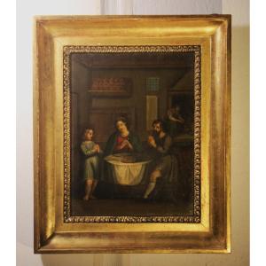 Holy Family At The Table - Oil On Copper From The 19th Century.