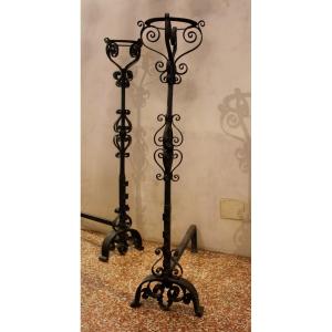 Pair Of Monumental Andirons From The 17th Century In Wrought Iron