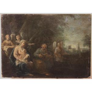 Rest Of The Holy Family. | Oil Painting On Cardboard, Late 18th Early 19th Century