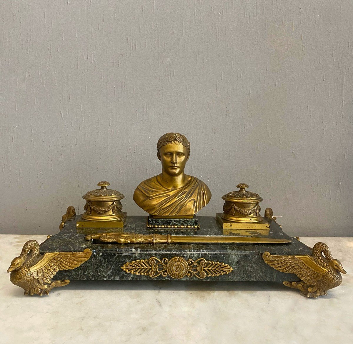Inkwell In Gilded Bronze And Marble.