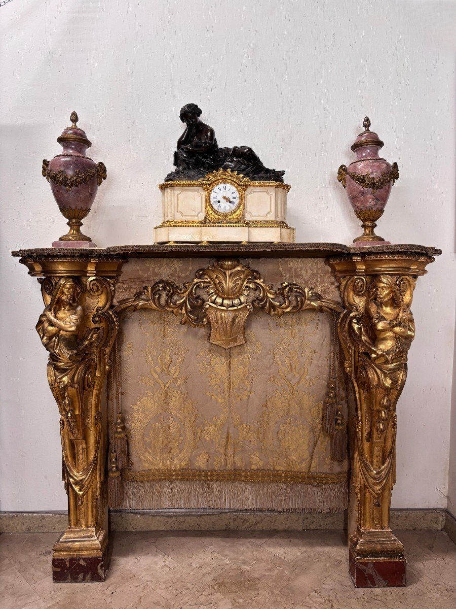 Fireplace Frame In Carved And Gilded Wood With Pure Gold Leaf