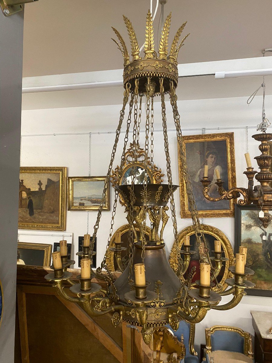 Large Empire Style Bronze Chandelier, Napoleon III-photo-1