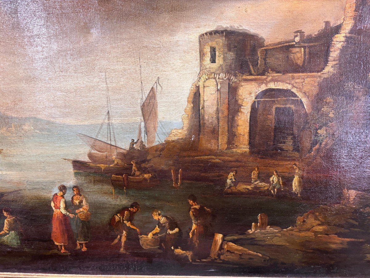 Huile Sur Toile Représentant Une Vue Du Port Avec Des Personnages-photo-2