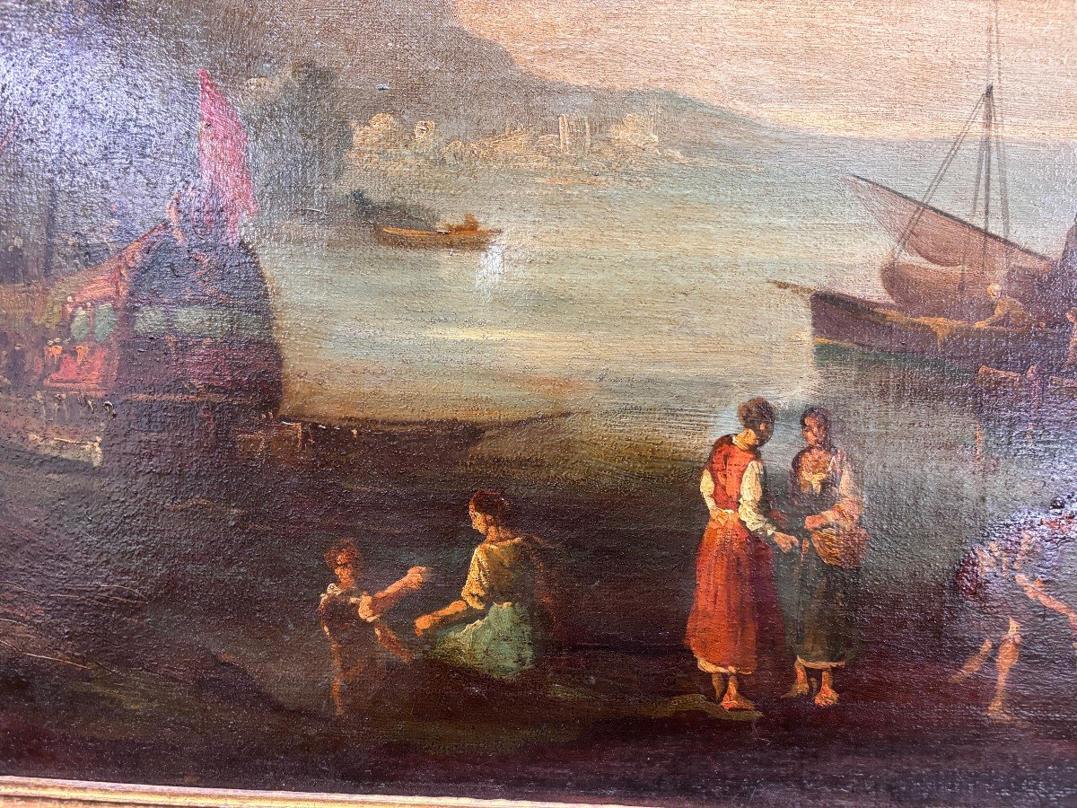 Huile Sur Toile Représentant Une Vue Du Port Avec Des Personnages-photo-1