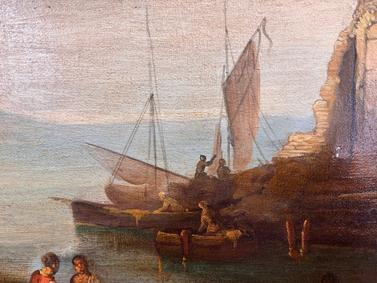 Huile Sur Toile Représentant Une Vue Du Port Avec Des Personnages-photo-4