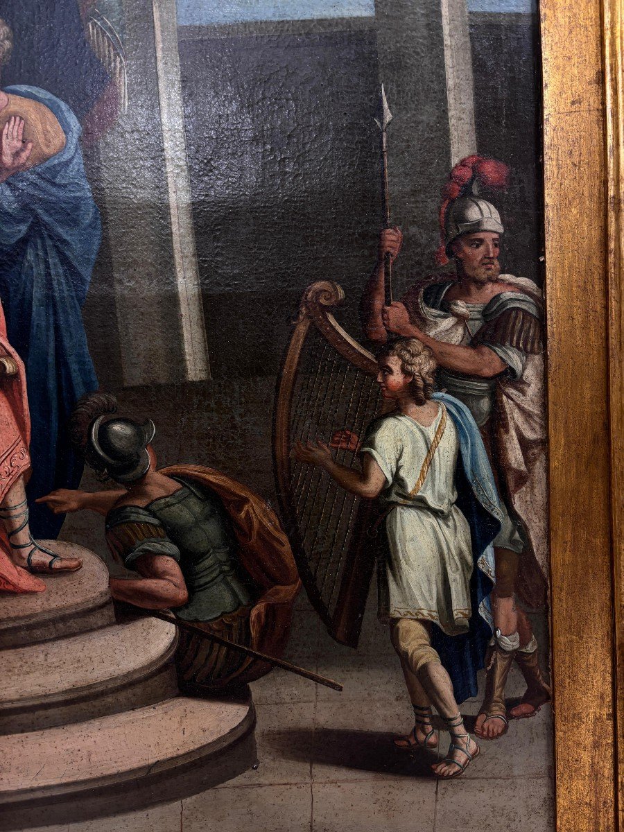 Large Oil Painting On Canvas Depicting David Playing The Harp To King Saul-photo-3