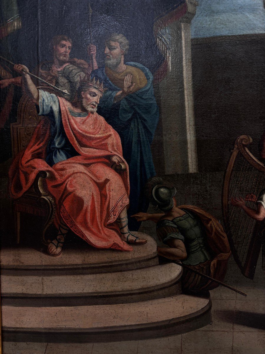 Large Oil Painting On Canvas Depicting David Playing The Harp To King Saul-photo-4