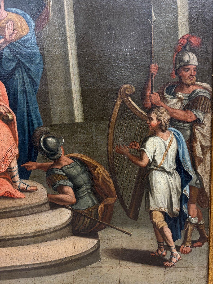 Large Oil Painting On Canvas Depicting David Playing The Harp To King Saul-photo-5