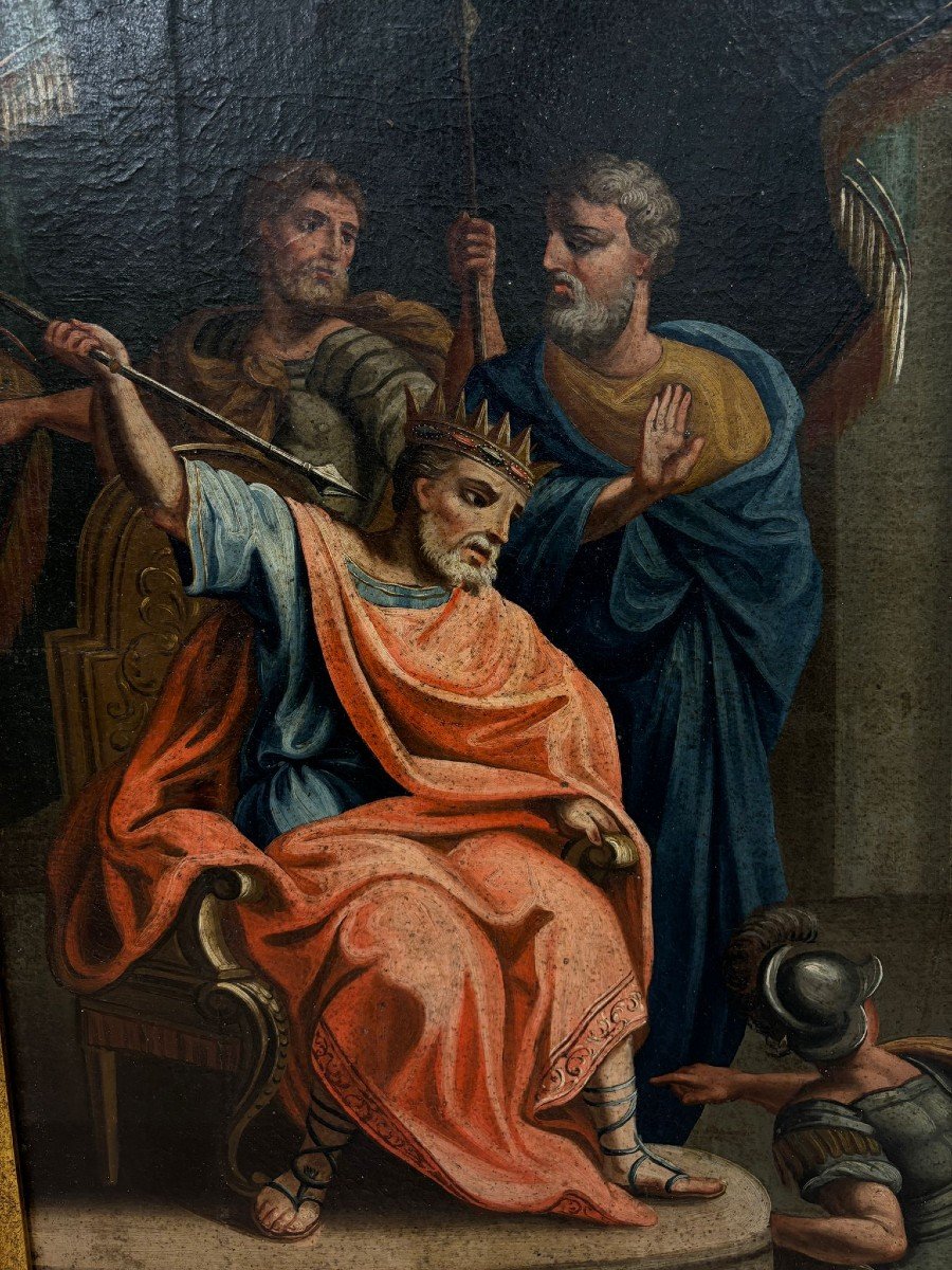 Large Oil Painting On Canvas Depicting David Playing The Harp To King Saul-photo-6