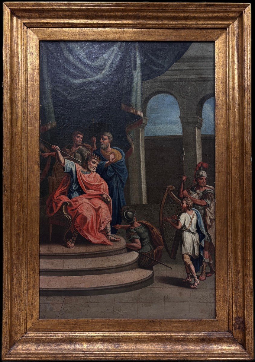 Large Oil Painting On Canvas Depicting David Playing The Harp To King Saul