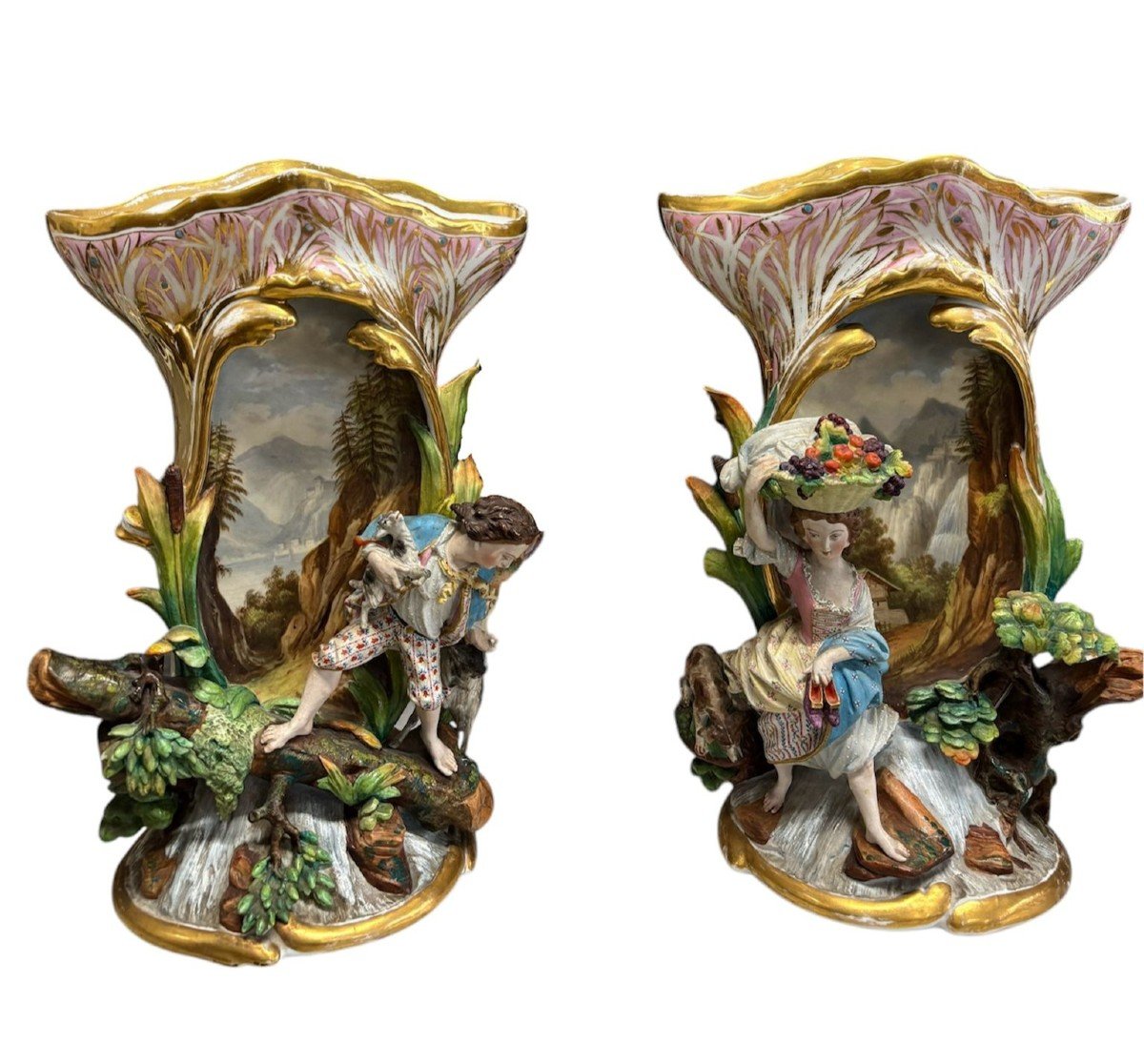 Pair Of Porcelain Vases From Old Paris, France 1830-1860.