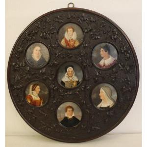 7  Oil Portraits On Wood, Representing Nobles, Nineteenth Century.