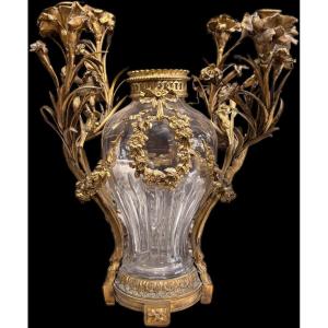 Grande Lampe Avec Vase En Cristal Et Bronze Doré