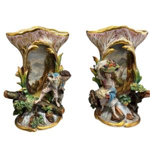 Pair Of Porcelain Vases From Old Paris, France 1830-1860.